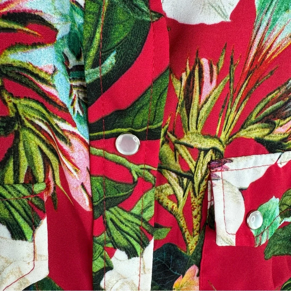 Sandrine Rose Red Hot Tropics Pearl Snap Button Down New Condition Medium
